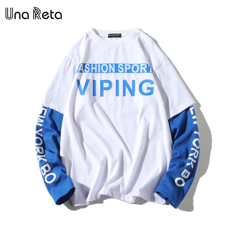 Una Reta T-Shirt Men Spring New Brand Hip-Hop Letter Splicing Tee Top Fake Two Pieces Long Sleeve Streetwear Men T Shirt - Цвет: Белый