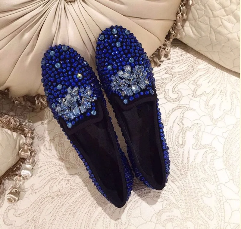 Luxury Shoes Women Designers Sliver Blue Gold Crystal Embellished Flats Round Toe Shallow Casual Loafers Woman Dress | Обувь