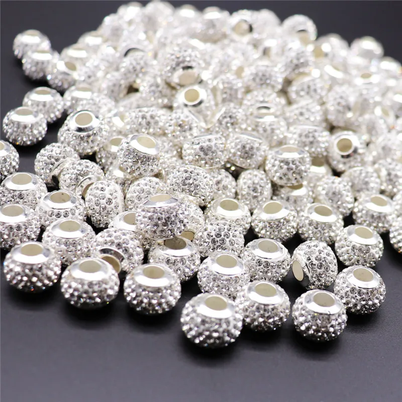 20Pcs Lot Big Hole White Cz Rhinestone Quartz Glass Spacer Loose Beads Charms Fit For Pandora Bracelet Bangle Diy Jewelry Making