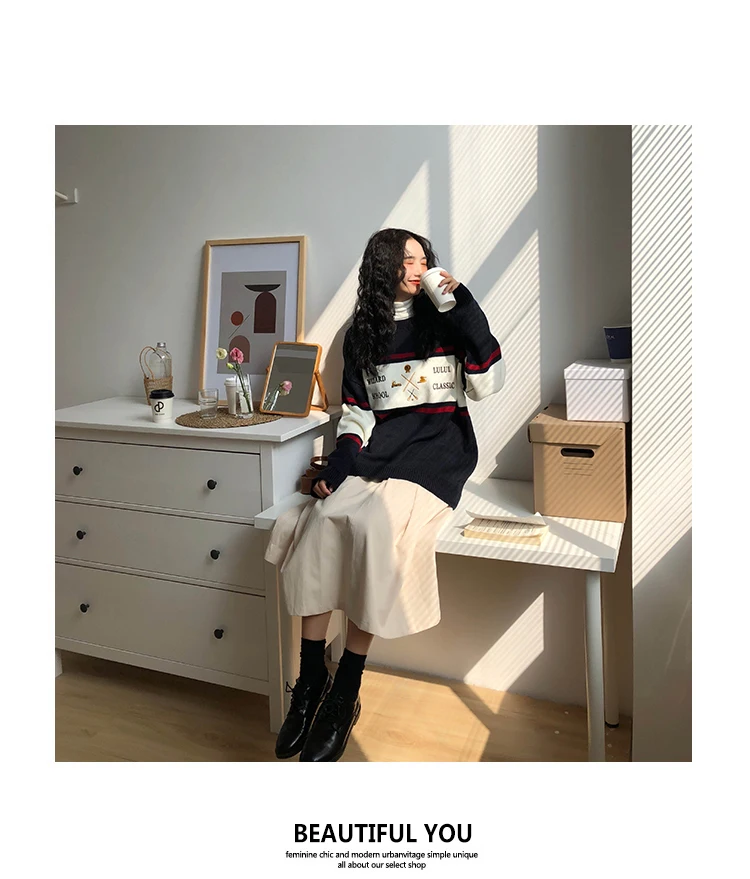 Woherb женский корейский Harajuku полосатый свитер женский пуловер Kawaii Ulzzang вышивка джемпер одежда для женщин 22873