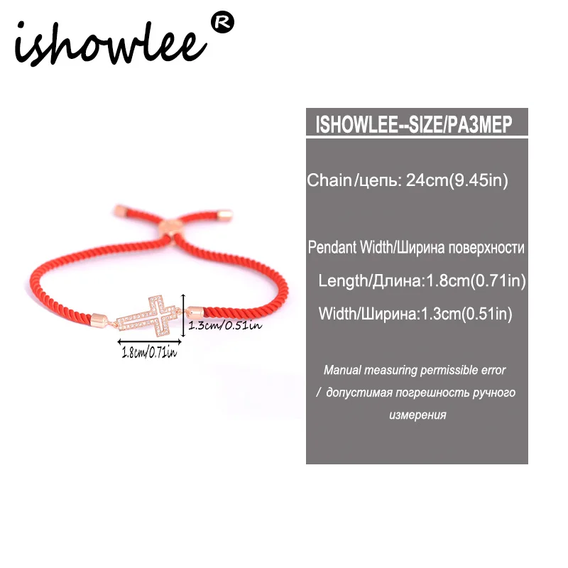 Ishowle, розовое золото, 585, крест, амулеты, браслеты, цирконий, проложенный, установка, Красная Нить, счастливые браслеты с амулетами для женщин, ювелирные изделия, sla39
