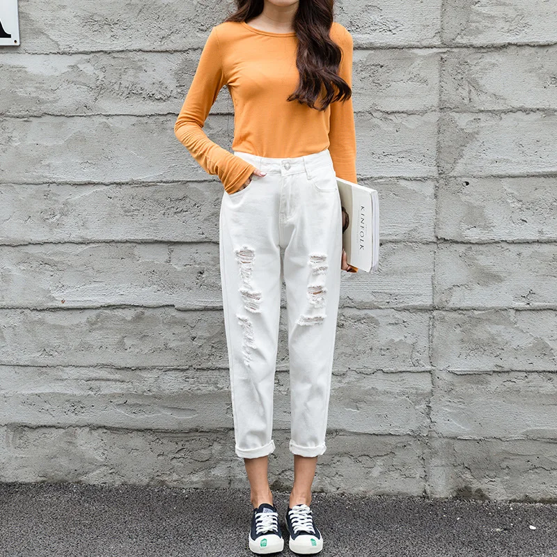 Женские Джинсы бойфренда черные свободные брюки до щиколотки с высокой талией и