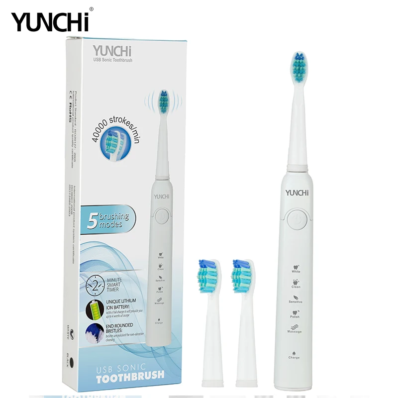 Зубная щетка Yunchi ультразвуковая аккумуляторная со сменными насадками и USB