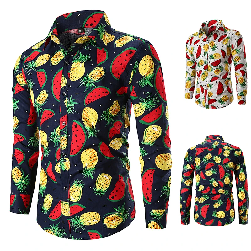2019 Весенняя Новинка Мужская рубашка принт фрукт ананас с длинными рукавами