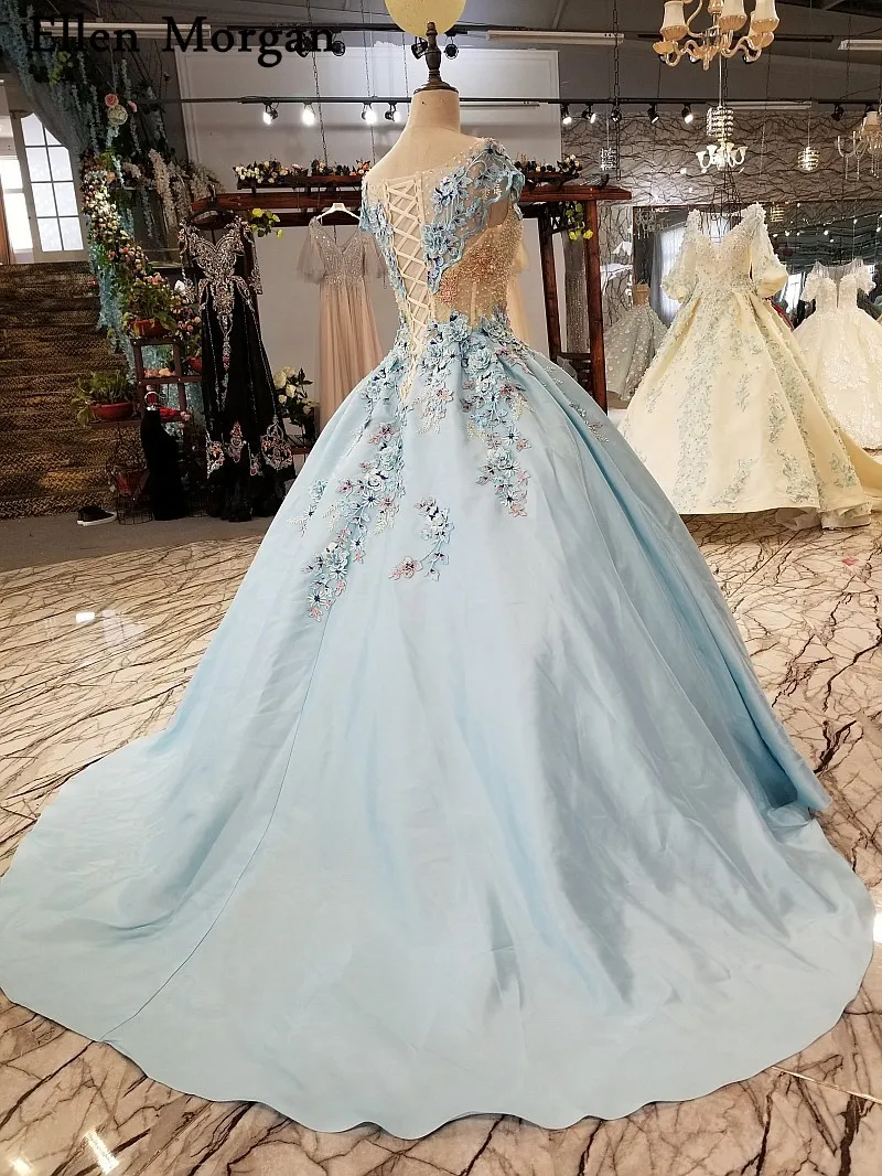 Светильник Голубые атласные бальные платья свадебные для красоты с рукавами