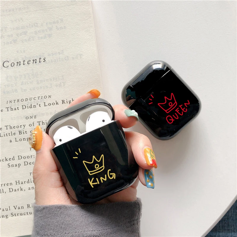 Милый чехол для Apple airpods, чехол, мультяшная пара, король и королева, Bluetooth, чехол для наушников Airpods, черный Жесткий Чехол