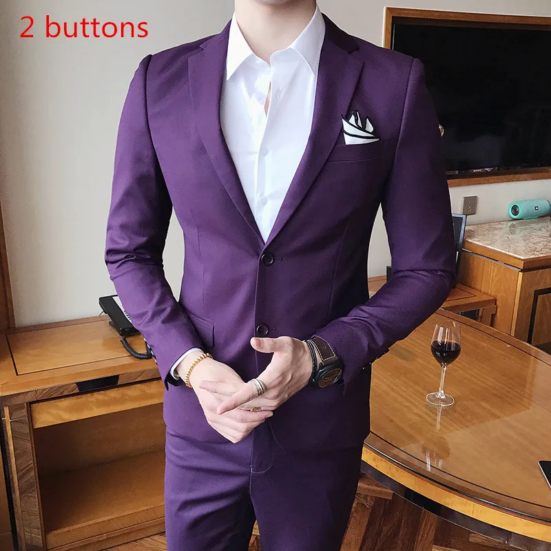 2 buttons purple Пальто брюки) бизнес-отделка высокое качество мужские костюмы два комплекта свадьбы Повседневные Вечерние Классические Серые Костюмы Блейзер одежда - Цвет: 2 buttons purple