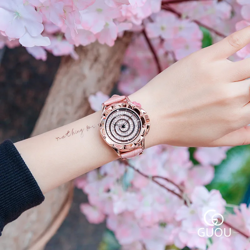2019 Korean style fashion New watch spiral round zircon stone crystal dial rotary dermis quartz watch Lady Watch G6605