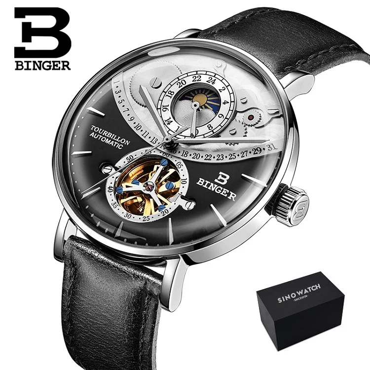 Leather Black Швейцарские мужские часы Бингер автоматические механические мужские часы люксовый бренд Сапфир Relogio Masculino водонепроницаемые мужские часы - Цвет: Leather Black