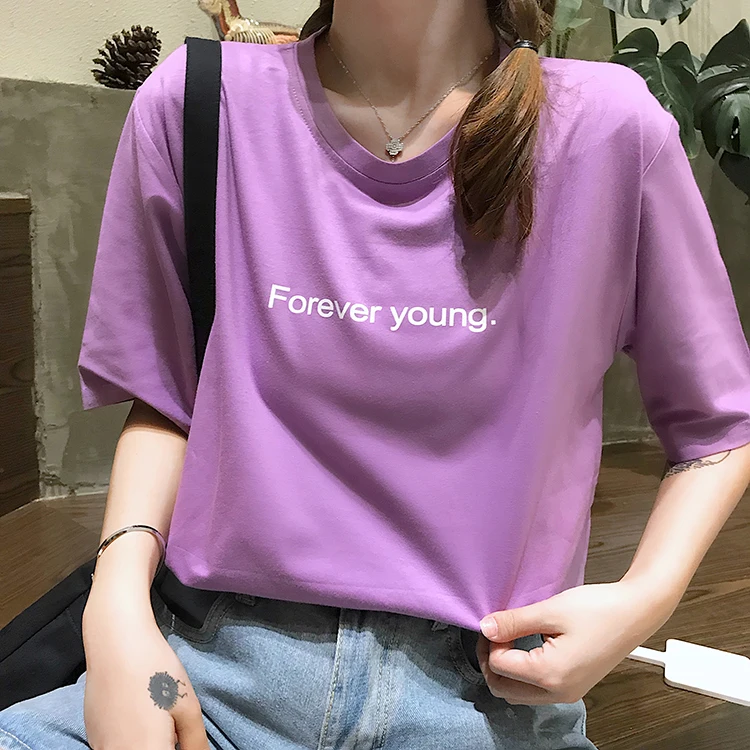 Jielur футболка Женская Harajuku Свободная Повседневная футболка с надписью Forever Young летняя хипстерская Корейская уличная Базовая футболка фиолетовая Синяя