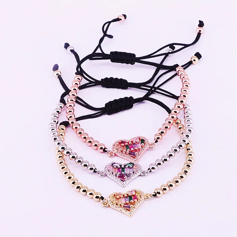 

8Pcs Colorful Zirconia Rainbow Heart Weaving Macrame Bracelet Copper Beads Elegant CZ Micro Pave Charm Jewelry Gifts