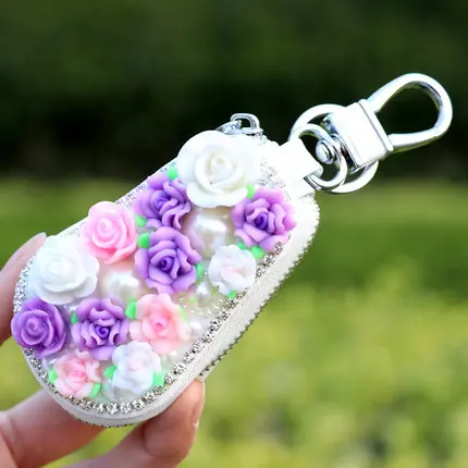 white A Чехол для ключей от автомобиля с цветком камелии для женщин и девочек, кожаный чехол-держатель для ключей с грушей и бриллиантом, ручная работа, сумка для хранения, розовые подарки - Название цвета: white A
