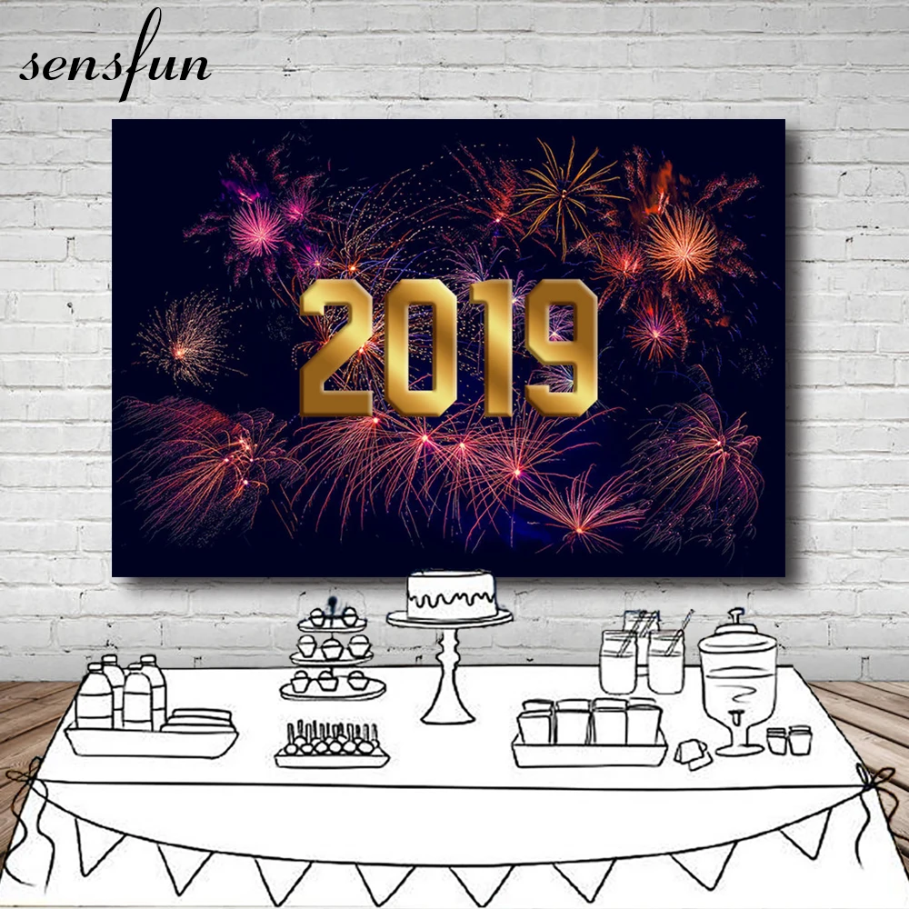 

Sensfun Gold 2019 New Year Party Firework Photography Backdrop Black Backgrounds For Photo Studio Customized 7x5FT Vinyl