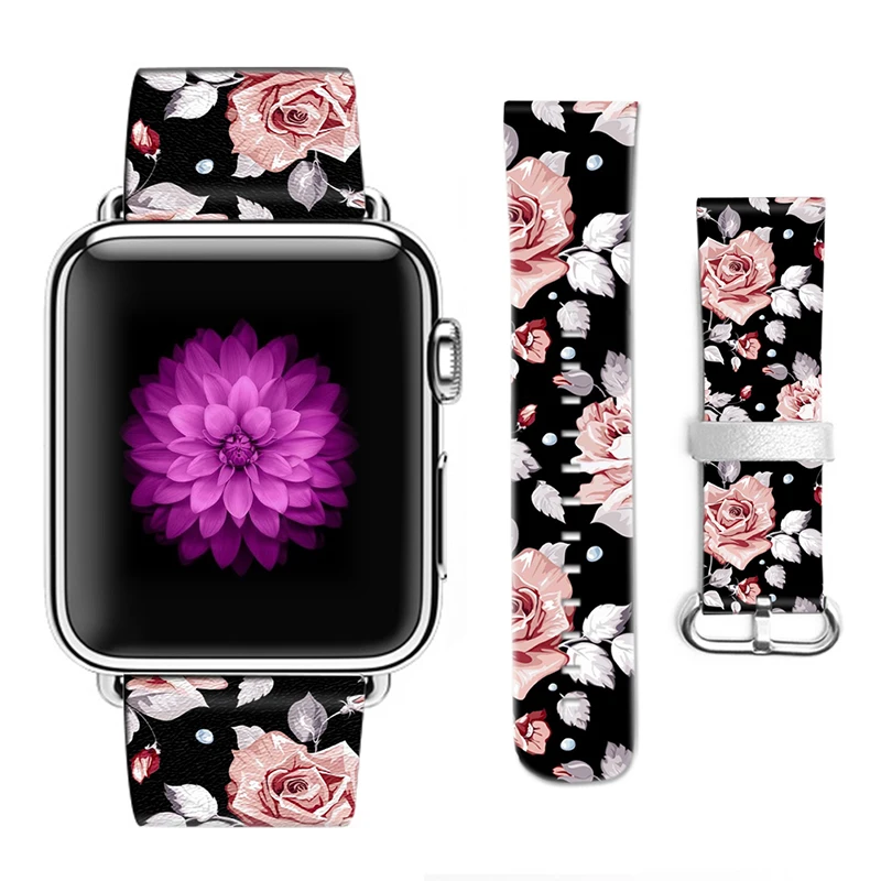 Ремешок с цветочным узором DiY для Apple Watch 38 мм 42 мм 40 мм 44 мм кожаный браслет для iWatch Series 2 3 4 ремешок подарок для IPhone чехол