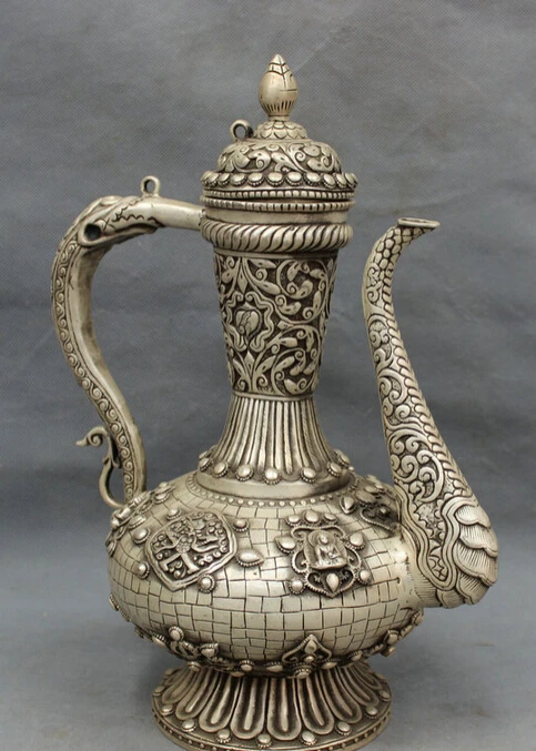 USPS в США S1501 14 дюймов тибетское серебро буддизм Dragon Head Будда Шакьямуни Wine Pot|usp| |