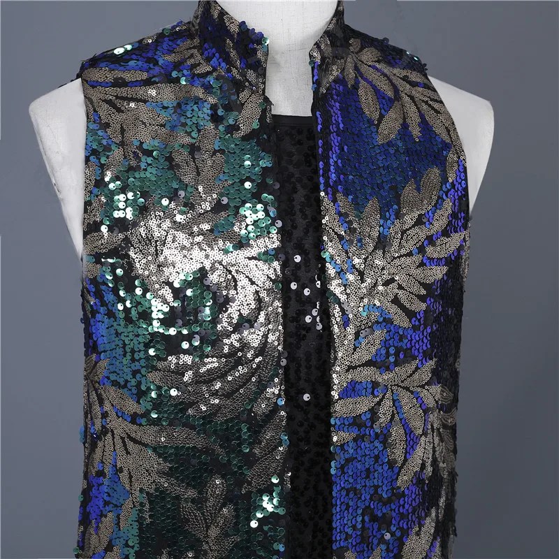 Tide Male Singer Nightclub Costume Vintage Golden Green Sequins Vest Slim Waistcoat Drum Dancer Bar Stage Performance | Мужская одежда
