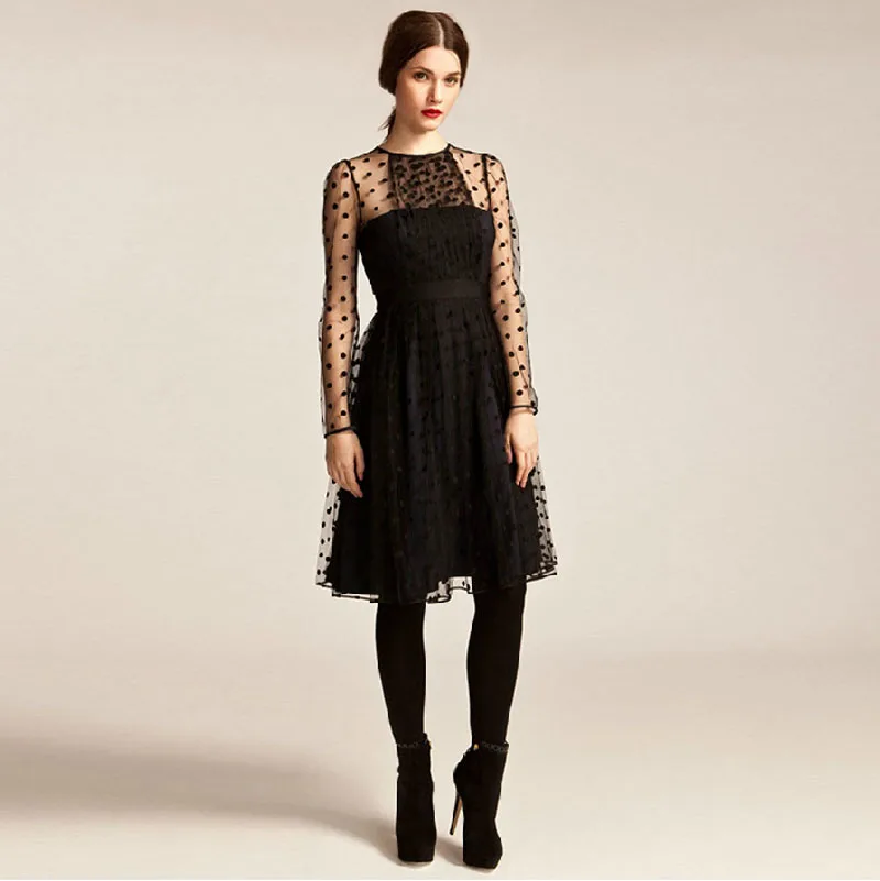 2017 женское Сетчатое платье в горошек черное кружевное вечернее с о вырезом и