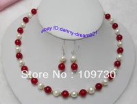 hot sell noble jewelry 0056 classic 8mm round white freshwater cultured pearls red necklace set a0423