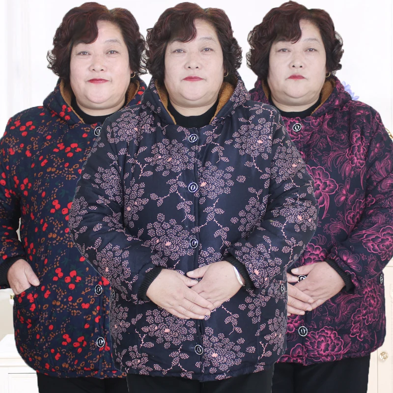 Плюс 5XL-9XL жира мать печати теплый с капюшоном хлопчатобумажное пальто среднего
