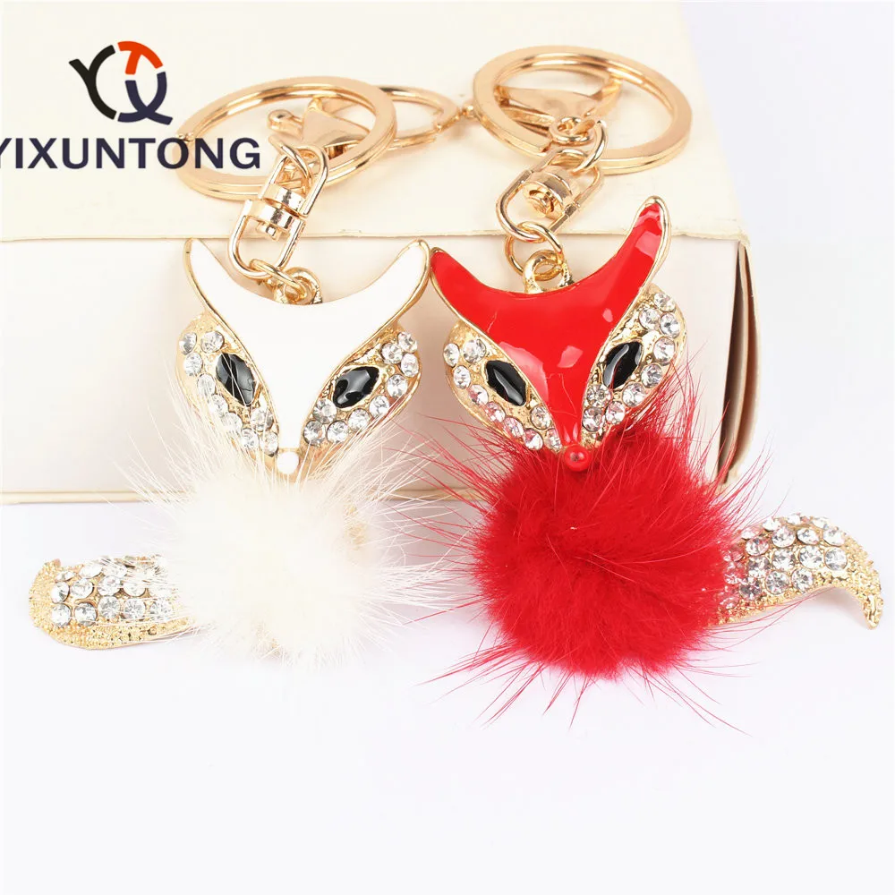 

New Fox Feather Pendant Charm Rhinestone Crystal Purse Bag Keyring Key Chain Wedding Girl Lover Gift