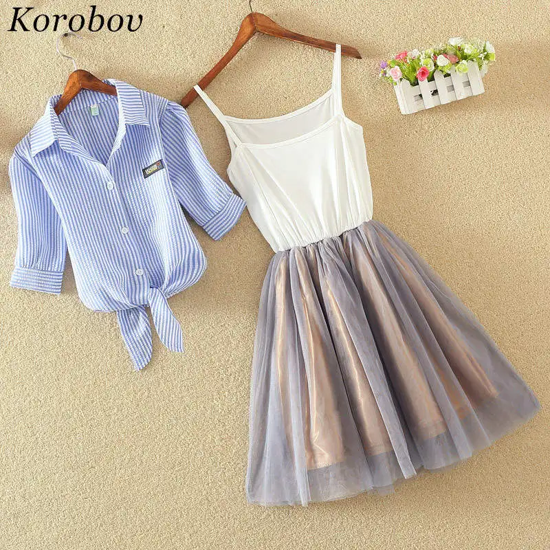 Korobov 2019 Лето Новые платья наборы с коротким рукавом Turn-Down воротник рубашка Camisole Slim