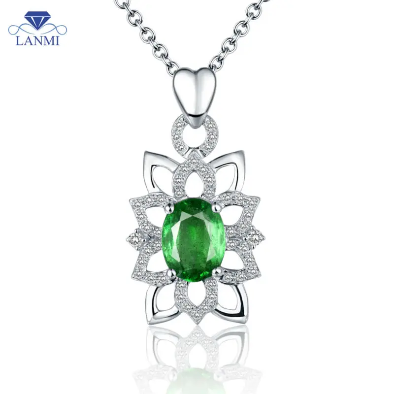 

LANMI Pure 14K White Gold Emerald Necklace Pendant Natural Diamond Oval 6x8mm Emerald Gemstone Anniversary Jewelry Gift For Mom