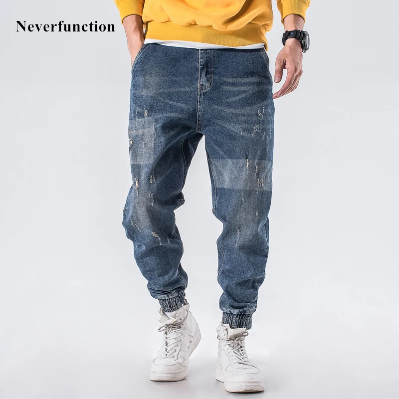 

Men Vintage blue Loose Destroyed Hip-hop jeans Streetwear Men Ripped Distressed Cotton Joggers cargo Denim Trousers Plus Size 42