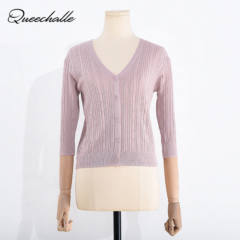 Queechalle Summer Cardigan Women Hollow Out 3/4 Sleeve Thin Short Knitted Cardigans Female V neck Casual Sweater Coat Tops Pink