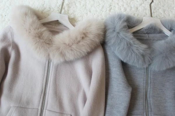 classic real fox fur hooded collar women fashion zip-up sweatshirts coat wool rabbit hair blend knitted one size