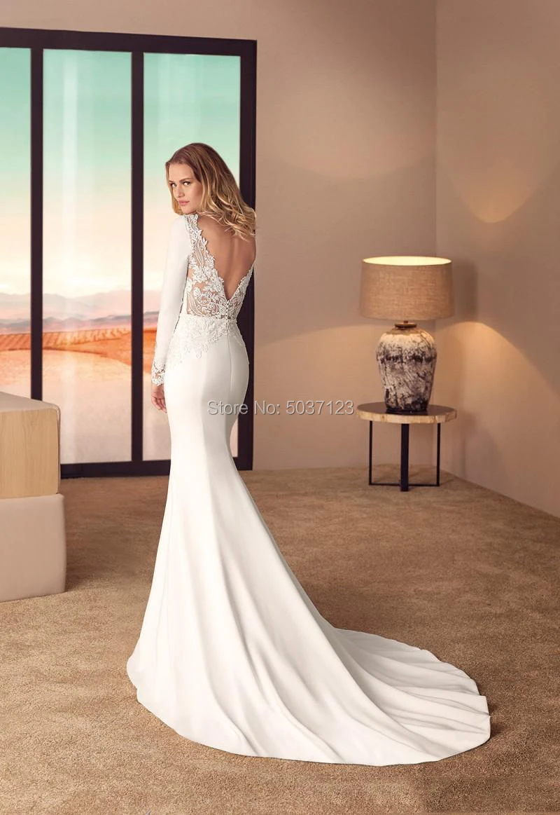 Vestidos De Noiva атласный с длинным рукавом Русалка Свадебные платья Глубокий v-образный вырез кружева аппликации с открытой спиной свадебное платье со шлейфом