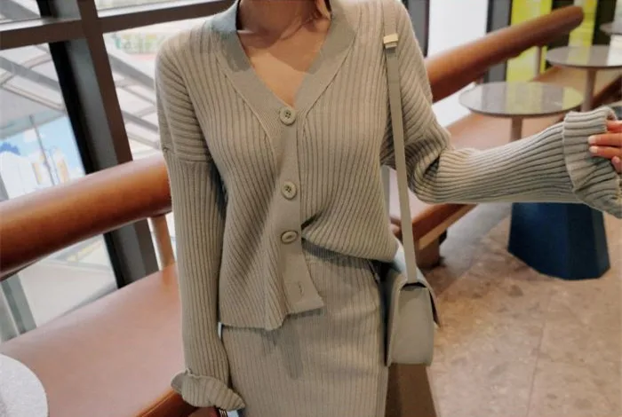 RUGOD Elegant ladies 2 pieces knitted suits Korean chic new single-breasted women cardigan& hight waist sweater skirts female