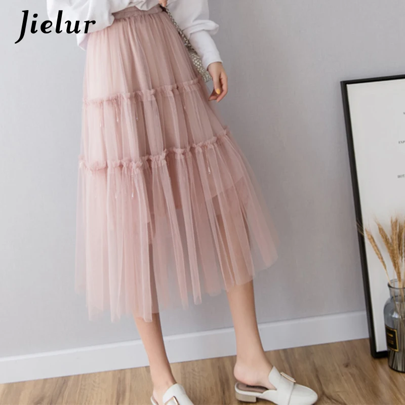 Jielur сетчатые летние тюлевые юбки однотонные женские плиссированные 2019 шикарные