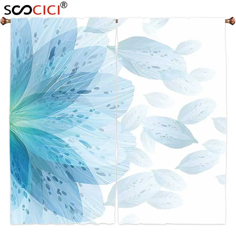 

Шторы на окна 2 панели, весенний сезон с цветочным круглым узором и синими лепестками цветов, естественное художественное оформление светильник-голубого цвета