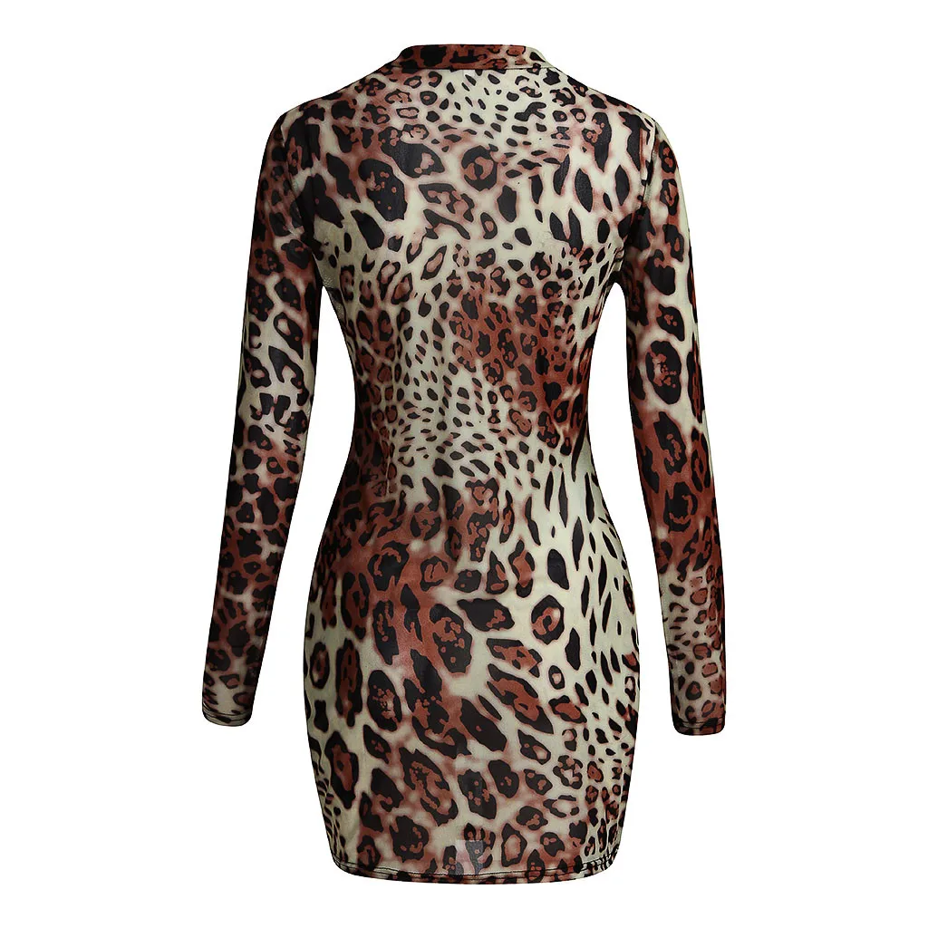 JAYCOSIN Summer Sexy Women Snake Leopard Print Dress Long Sleeve O-Neck Bodycon Mesh Sheer Party Club Mini Sundress 614W | Женская