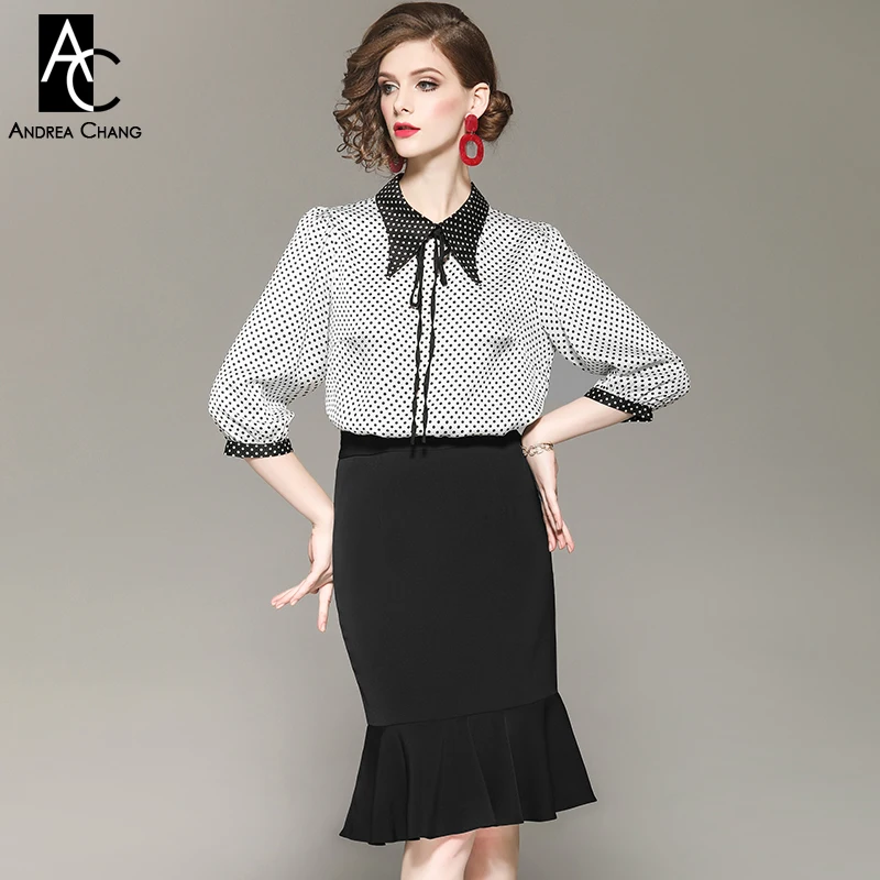 Осенне весенний комплект одежды для женщин с пышными рукавами черно белая блузка