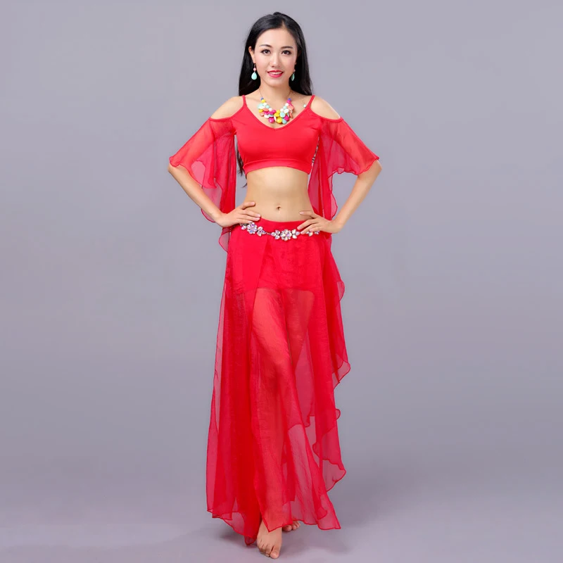 

Hot Red Belly Dance Performance Costume Set 3-pieces Top Skirt Hip Scarf Milk Fiber Belly Dance Wear Clothes