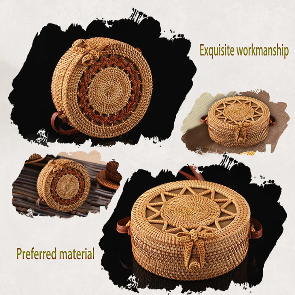 Bolso Circle, ручная работа, Круглый, Ретро стиль, ротанг, Соломенная пляжная сумка через плечо, de paja bolsas de mensajero de punto para las mujeres