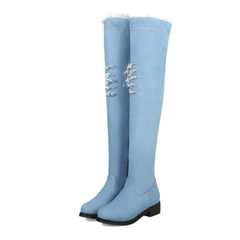 Light blue ASILETO/Женская обувь на плоской подошве; синие джинсовые ботинки в ковбойском стиле; высокие джинсовые сапоги до бедра; botas zapatos chaussure; S975 - Цвет: Light blue