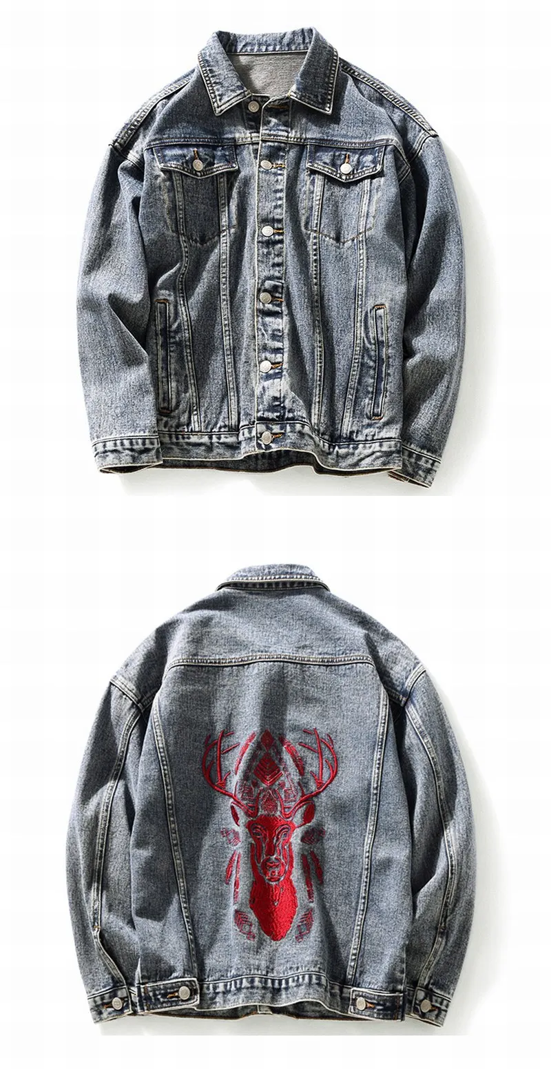 Tsingyi Embroidery Deer Retro Vintage Washed Denim Jacket Men Turn-down Collar Long Sleeve Jeans Jacket Men Bomber Mens Coats