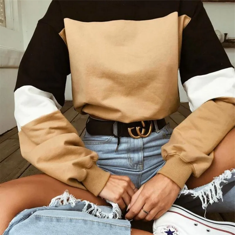 2018 New Women Autumn Winter Casual Hoodies Woman Sexy O Neck Patchwork Long Sleeve Lace Up Elegant Loose Sweatshirt Crop Tops | Женская