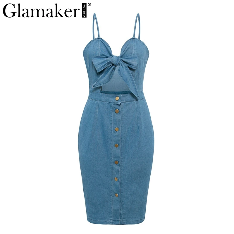 Синий Glamaker, джинсовое, тонкое, с вырезом, миди, сексуальное платье, для женщин, летнее, с бантом, элегантное платье для вечеринки, женское, длинное, с открытой спиной, облегающее, джинсовое платье - Цвет: Синий