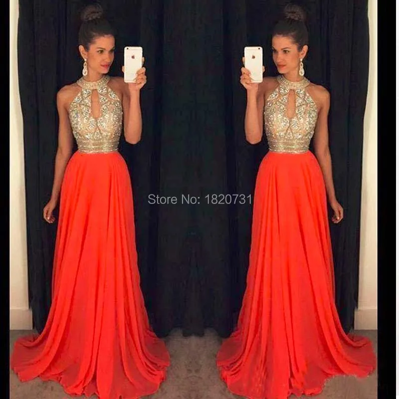 Bestellen Orange Prom Kleider Eine Linie Halter Top Kristall Perlen Kleid Für Graduation Vestidos De Formatura Longo 2020 Abendkleider