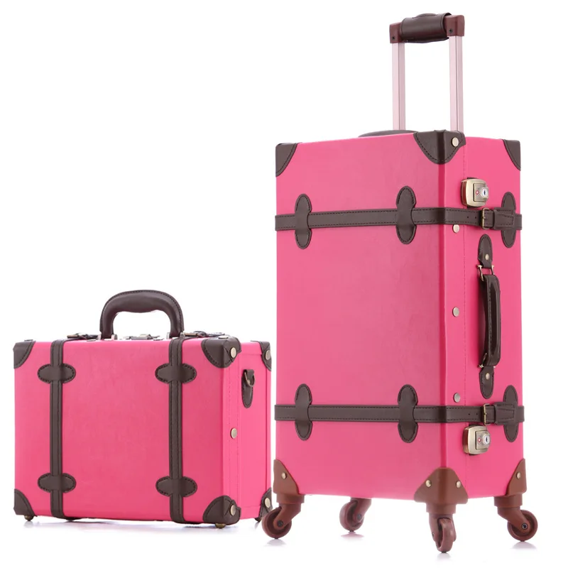rose red brown set Женский набор чемоданов, косметичка в стиле ретро, Спиннер, багаж на колёсиках, модный чемодан на колесиках для девочек, модная сумка из искусственной кожи - Цвет: rose red brown set