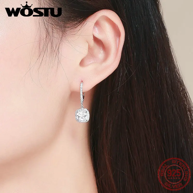 WOSTU Настоящее серебро 925 пробы модные квадратные серьги капли с прозрачными