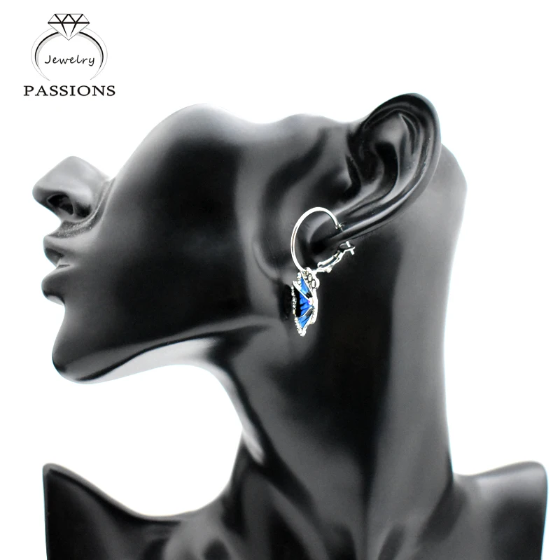 Лидер продаж модные изысканные висячие серьги с синей бабочкой посеребренные