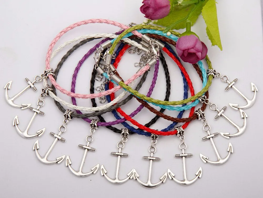 Хит 2015 50 шт. серебряные Очаровательные Подвески с якорями разноцветные плетеные
