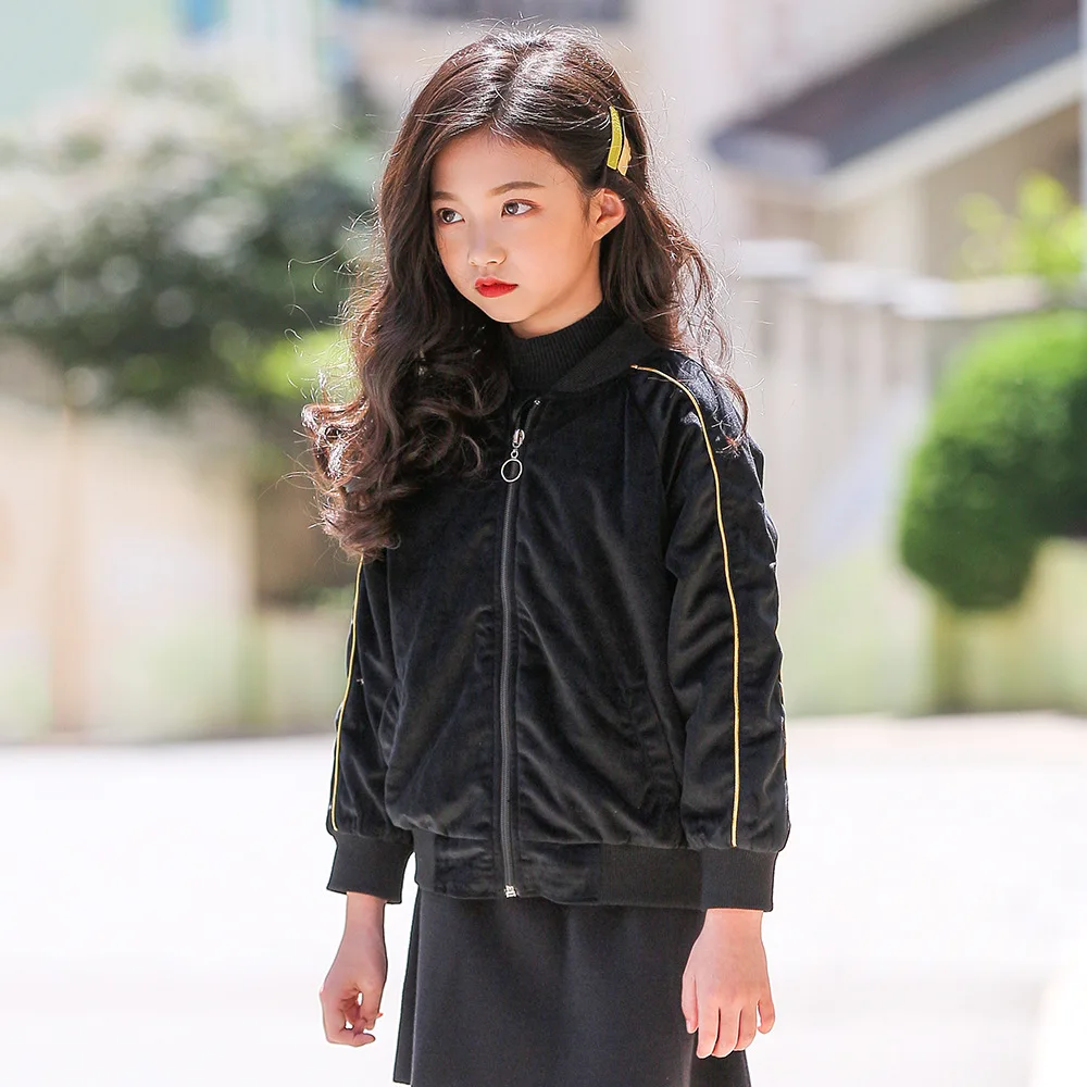 kids &amp teenager girls long sleeve black velvet casual fall winter bomber jacket coat children fashion velour outerwear clothing | Детская