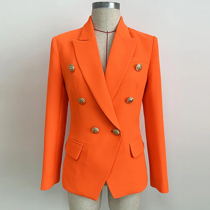 

Classic British Blazers Women Double-breasted Lion Head Buttons 2019 Autumn Femme Slim Coats Fluorescent Orange Office Clothes
