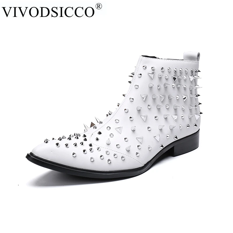 

VIVODSICCO Fashion Male Genuine Leather Rivet Harness Men Motorcycle Chelsea Boots Ankle PPunk Fashion Boots Side Zip Men Shoes
