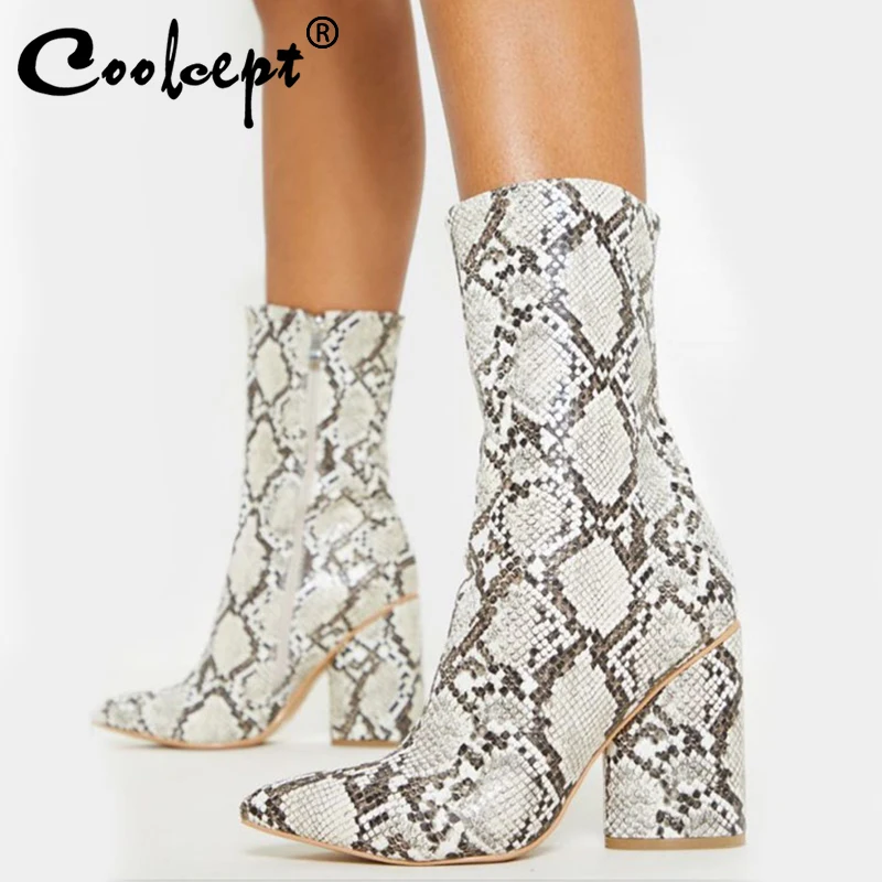 

Coolcept Sexy Snakeskin Mid Calf Boots Women Pointed Toe Zipper Thick Heel Shoes Autumn Winter Warm Botas Mujer Size 36-43